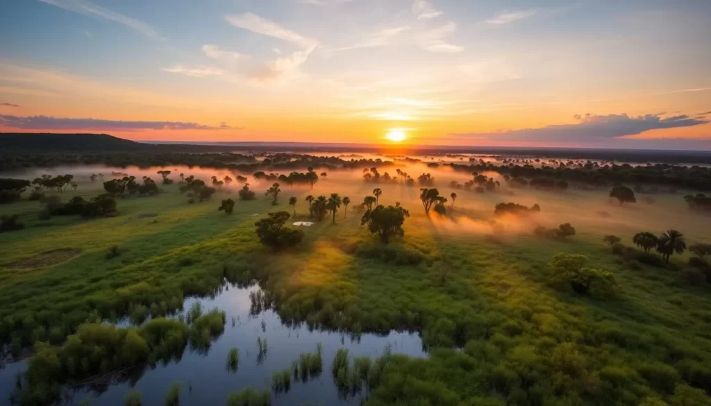 A sunrise over Kakadu National Park, with the mist rising from the wetlands and the sound of birds filling the air.
