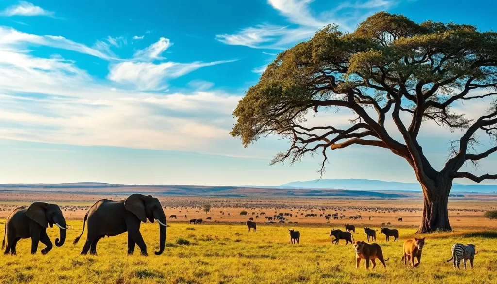 A sweeping, cinematic scene of the Masai Mara National Reserve in Kenya. In the foreground, a herd of majestic African elephants gracefully navigates the lush, verdant savanna, their towering forms silhouetted against the warm, golden light of the afternoon sun. In the middle ground, a pride of lions rests in the shade of a sprawling acacia tree, their regal gazes surveying the landscape. In the distance, a vast, rolling panorama of grasslands and scattered acacia dotted with herds of wildebeest, zebra, and Thomson's gazelle. The sky is a brilliant azure, with wispy clouds casting delicate shadows across the scene. Capture the breathtaking beauty and diversity of the Masai Mara's iconic wildlife in a cinematic, widescreen composition.