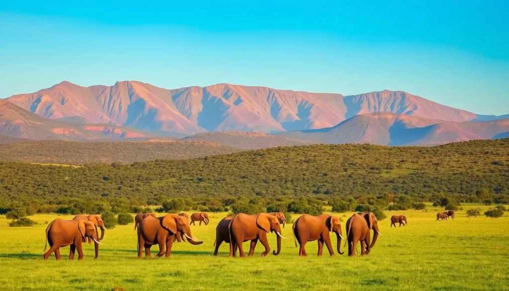 A sweeping landscape of Addo Elephant National Park, South Africa's third-largest national park. In the foreground, a herd of majestic African elephants roam across a lush, verdant savanna, their trunks swaying as they graze. In the middle ground, rolling hills dotted with dense, vibrant green bushes and trees provide ample cover for an array of wildlife. The background showcases the park's dramatic, rugged mountains, their peaks bathed in warm, golden sunlight that casts a serene, tranquil atmosphere over the entire scene. The image is captured with a wide-angle lens, allowing for a sweeping, panoramic view that fully immerses the viewer in the natural beauty of this remarkable conservation area.