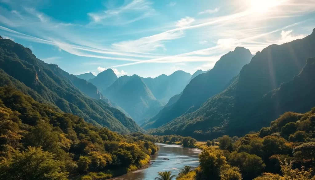 A sweeping landscape of Hualien County, Taiwan, bathed in warm, golden sunlight. In the foreground, a tranquil river winds its way through lush, verdant foliage, reflecting the towering, rugged mountains in the distance. Majestic peaks rise up, their slopes cloaked in a tapestry of evergreen forests and rocky outcroppings. Wispy clouds drift lazily across a bright, azure sky, creating an atmosphere of serene beauty. Capture the essence of Hualien's natural splendor with this cinematic, high-resolution scene, shot with a wide-angle lens to showcase the county's breathtaking grandeur.