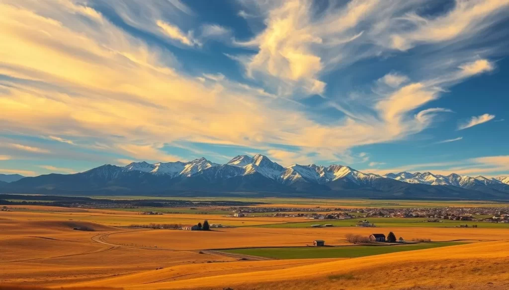 A sweeping landscape of Montana, showcasing the diverse language distribution across the state. In the foreground, rolling hills and fields stretch out, dotted with small towns and homesteads. In the middle ground, majestic mountains rise up, their peaks dusted with snow. The sky is a brilliant blue, with wispy clouds drifting overhead, illuminated by warm, golden sunlight. The scene conveys a sense of tranquility and natural beauty, with the linguistic diversity of Montana subtly represented in the architecture, signage, and cultural elements scattered throughout the landscape.