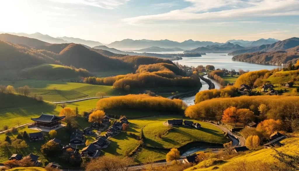 A sweeping landscape of rolling hills, lush forests, and winding rivers in South Gyeongsang Province, South Korea. In the foreground, a picturesque village nestled among verdant fields, with traditional hanok-style houses and a tranquil stream. The middle ground features majestic mountains, their peaks capped with wispy clouds, while the background showcases a serene lake surrounded by ancient deciduous trees in autumnal hues. Warm sunlight filters through the scene, casting a golden glow and creating a sense of timeless beauty. Capture this idyllic blend of history and natural splendor with a wide-angle lens, showcasing the harmony between the built and natural environments.
