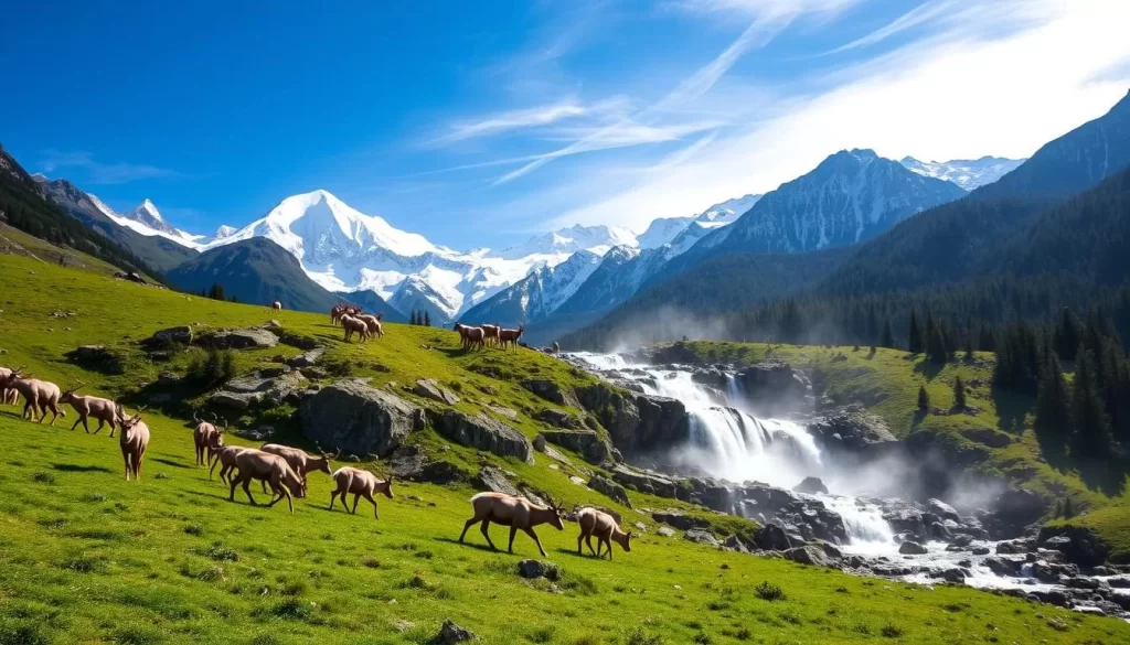 A sweeping landscape of the Kaçkar Mountains, with snow-capped peaks rising against a brilliant blue sky. In the foreground, a herd of majestic Caucasian chamois graze on the verdant alpine meadows, their agile movements captured in a crisp, natural lighting. In the middle ground, a cascading waterfall tumbles over rugged rocky outcrops, its mist creating a shimmering, ethereal atmosphere. The background features dense, lush forests, hinting at the diverse wildlife dwelling within the Kaçkar Mountains National Park.