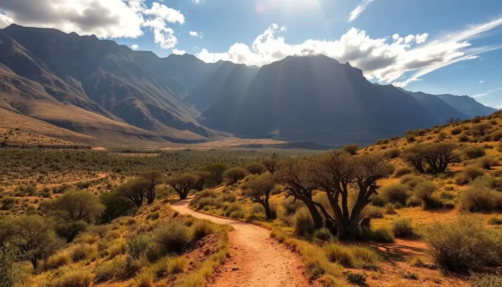A sweeping panorama of Camdeboo National Park, South Africa. Majestic mountains loom in the background, their slopes draped in a tapestry of lush vegetation. In the foreground, a winding dirt trail leads through a serene landscape dotted with clusters of hardy, wind-sculpted trees. Warm sunlight filters through wispy clouds, casting a golden glow over the scene. The air is crisp and clear, inviting exploration of this untamed, awe-inspiring wilderness.