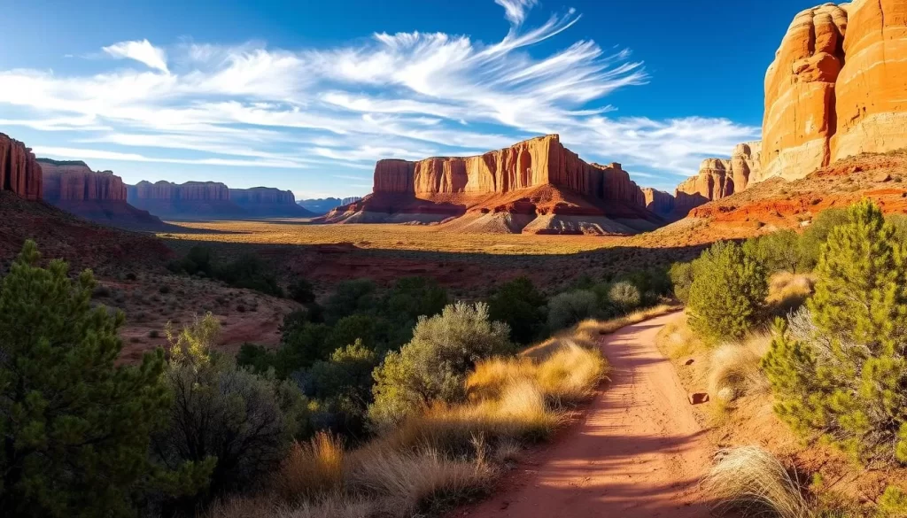 A sweeping panorama of Capitol Reef National Park's iconic sandstone formations, bathed in warm afternoon light. In the foreground, a well-worn hiking trail winds through a lush, riparian landscape, inviting adventurers to explore. Towering cliffs and canyons rise up in the middle ground, their rust-colored hues contrasting with the deep blue sky. Wispy clouds drift overhead, casting gentle shadows across the rugged terrain. The scene evokes a sense of tranquility and wonder, perfectly capturing the park's natural beauty and the thrill of discovering its moderate hiking trails.