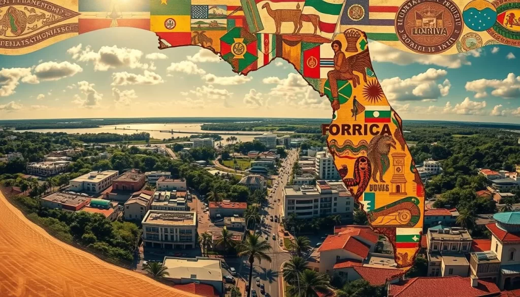 A sweeping panorama of Florida's linguistic diversity unfolds, showcasing its vibrant past. In the foreground, intricate patterns of Spanish, French, and Native American influences intertwine, reflecting the state's dynamic colonial history. In the middle ground, bustling city streets come alive with the chatter of English, Portuguese, and Caribbean-infused dialects, painting a modern-day portrait of the state's multicultural present. In the distant background, lush subtropical landscapes provide a serene backdrop, hinting at the enduring presence of indigenous languages that have shaped the region for centuries. Warm sunlight filters through, illuminating this rich tapestry of linguistic heritage, inviting the viewer to explore the historical evolution of languages in Florida.