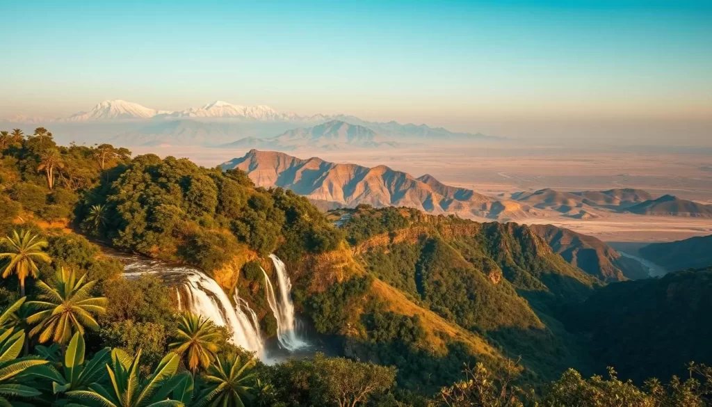 A sweeping panorama of India's varied climate patterns, captured through a cinematic lens. In the foreground, lush tropical foliage and cascading waterfalls, illuminated by warm, golden sunlight. The middle ground reveals rolling hills and rugged mountains, their peaks dusted with pristine snow. In the distant background, arid deserts stretch out, hazy mirage-like under the intense sun. The composition balances the diverse landscapes, each distinct yet harmoniously coexisting, conveying the richness and complexity of India's weather and climate.
