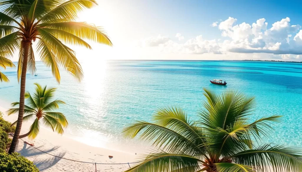 A sweeping panorama of Kiribati's idyllic dry season. Lush palm trees sway gently in the warm ocean breeze, casting soft shadows on the pristine white sand beach. The crystal-clear azure waters of the lagoon glisten under the bright, golden sun, inviting a refreshing swim. In the distance, a traditional outrigger canoe glides peacefully across the tranquil surface, its vibrant colors mirrored in the reflective waves. Fluffy white clouds drift lazily overhead, completing the serene, tropical scene. The overall mood is one of relaxation and harmony, encapsulating the joy of Kiribati's finest weather.