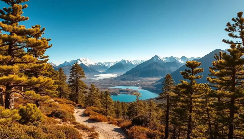 A sweeping panorama of Tierra del Fuego National Park, showcasing its rugged, windswept landscape. In the foreground, a winding hiking trail leads through a dense forest of beech trees, their leaves rustling gently in the breeze. The middle ground reveals a stunning vista of snow-capped mountains, their peaks piercing the clear, azure sky. In the distance, a sparkling glacial lake reflects the surrounding natural beauty. The scene is bathed in warm, golden light, creating a serene and inviting atmosphere. Capture the essence of this remarkable Chilean wilderness, where nature reigns supreme.