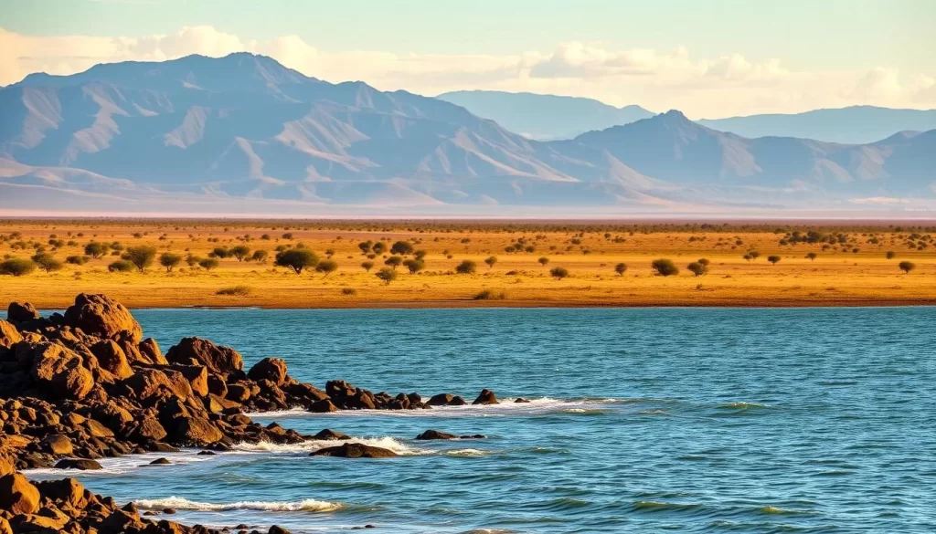 A sweeping panorama of the Lake Turkana landscape, bathed in warm, golden sunlight. In the foreground, a pristine lakeshore with gently lapping waves, surrounded by rugged, wind-sculpted volcanic rocks. The middle ground features a gently undulating savanna dotted with hardy acacia trees and colorful wildflowers. In the distance, the imposing silhouettes of ancient volcanic peaks rise up against a vibrant, cloudless sky. The scene exudes a sense of timeless, serene tranquility, capturing the essence of Sibiloi National Park's majestic geographic setting.