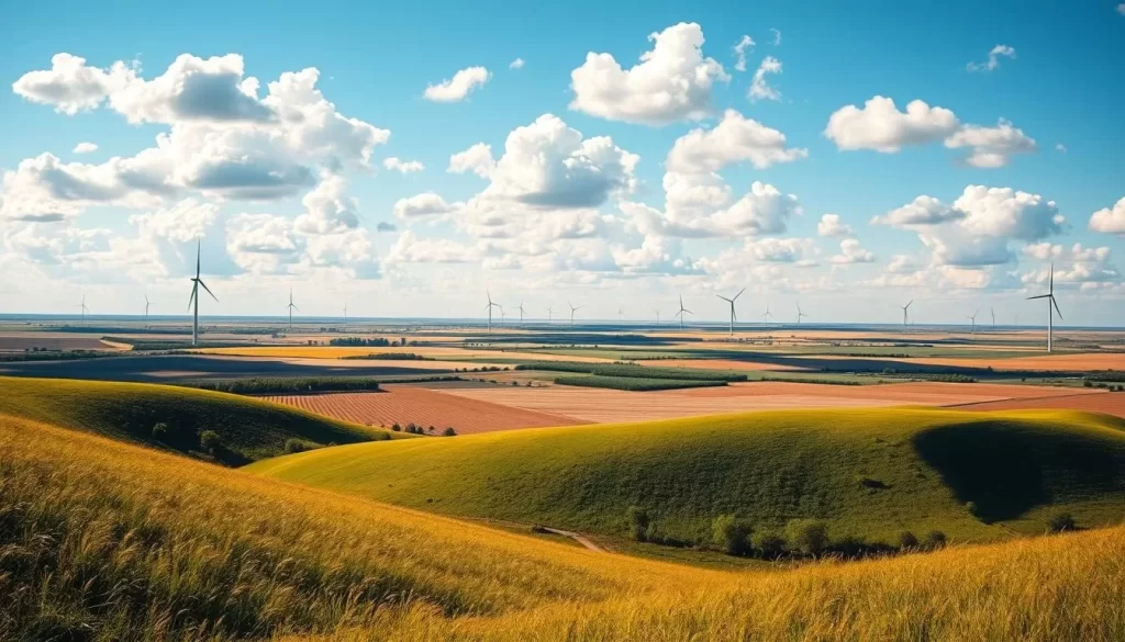 A sweeping panorama of the Nebraska landscape, bathed in golden sunlight and adorned with fluffy cumulus clouds. In the foreground, gently rolling hills covered in lush, verdant grasses sway in a gentle breeze. The middle ground features a patchwork of farmland, with rows of corn and wheat swaying rhythmically. In the distance, the horizon is dominated by the vast, endless sky, a brilliant azure canvas punctuated by the silhouettes of towering windmills, harnessing the region's abundant renewable energy. The overall scene exudes a sense of tranquility and natural harmony, capturing the essence of Nebraska's temperate, continental climate.