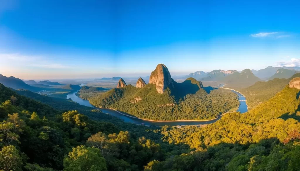 A sweeping panoramic view of Perak's stunning natural landscapes. In the foreground, lush, verdant rainforests cascade down rolling hills, their canopies illuminated by warm, golden sunlight filtering through. In the middle ground, a majestic limestone karst formation rises majestically, its craggy peaks etched against a vibrant azure sky. In the distance, a shimmering river winds its way through the verdant valley, reflecting the surrounding natural beauty. The scene exudes a sense of timeless serenity and awe-inspiring wonder, capturing the essence of Perak's rich natural heritage. Crisp, realistic details and a cinematic, wide-angle perspective create a captivating, immersive visual experience.