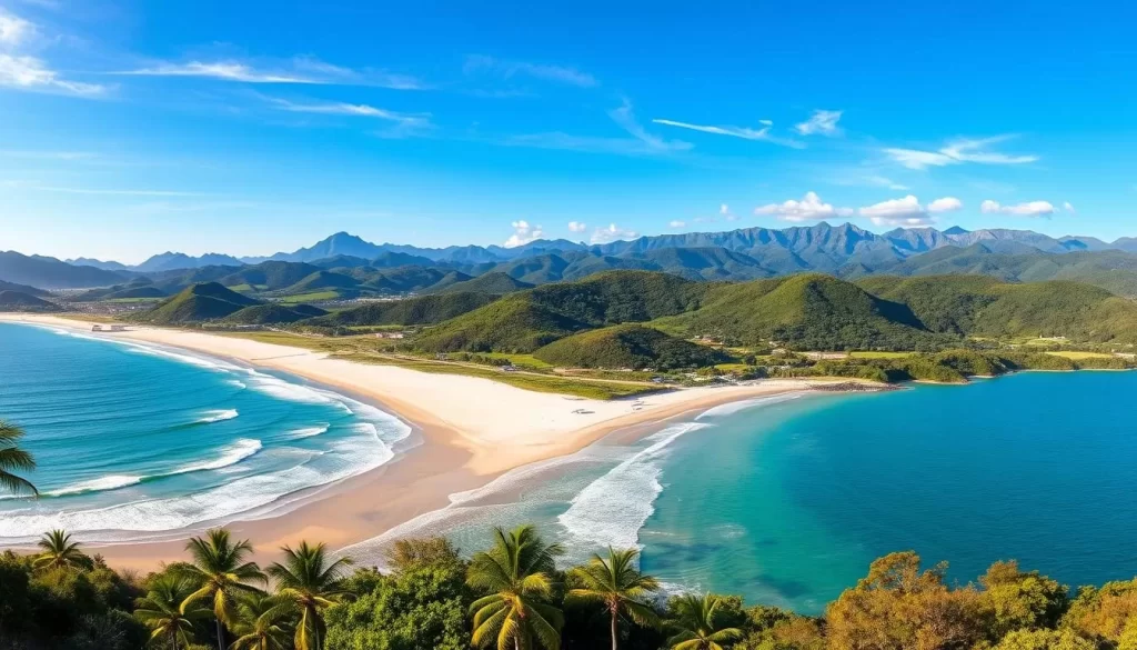 A sweeping panoramic view of Pingtung County's diverse coastal and mountain landscapes. In the foreground, a pristine white sand beach lapped by azure waves, palm trees swaying gently in the breeze. Further inland, rolling hills and lush green forests, punctuated by the majestic silhouettes of distant mountain peaks. Warm, golden sunlight bathes the scene, creating a serene and inviting atmosphere. The sky is a brilliant, cloudless blue, save for a few wispy cirrus clouds drifting overhead. Capture the contrast between the tranquil coastal setting and the rugged, verdant highlands that define the unique microclimates of this captivating region of Taiwan.