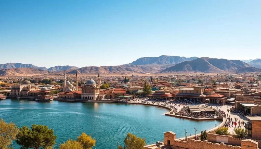 A sweeping panoramic view of the ancient city of Sanliurfa, Turkey, set against a backdrop of rugged mountains and a clear, azure sky. In the foreground, the iconic Balıklıgöl (Sacred Fish Lake) shimmers, its tranquil waters reflecting the ornate Ottoman-era mosques and shrines that line its banks. In the middle ground, the bustling marketplace and historic bazaars come to life, with merchants and locals going about their daily routines amidst the timeless architecture. Warm, golden sunlight bathes the scene, evoking a sense of timeless grandeur and the enduring spirit of this culturally rich city. The overall composition conveys the profound historical significance and enduring charm of Sanliurfa, a place where the past and present coexist in perfect harmony.