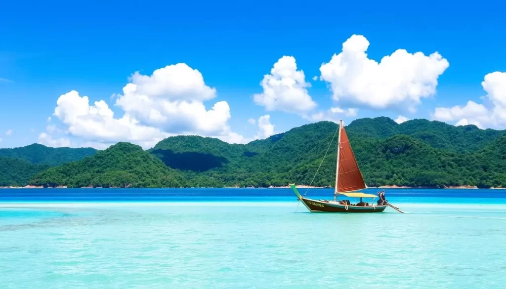 A sweeping view of Koh Yao Noi, a pristine island in the Andaman Sea off the coast of Thailand. The lush, jungle-covered hills rise gently from the crystal-clear turquoise waters, fringed by white sandy beaches. In the foreground, a traditional longtail boat glides across the calm surface, its colorful sails billowing in the gentle breeze. Overhead, fluffy white clouds drift across a brilliant blue sky, casting soft shadows on the verdant landscape below. The scene exudes a sense of tranquility and unspoiled natural beauty, inviting the viewer to discover this hidden tropical paradise.