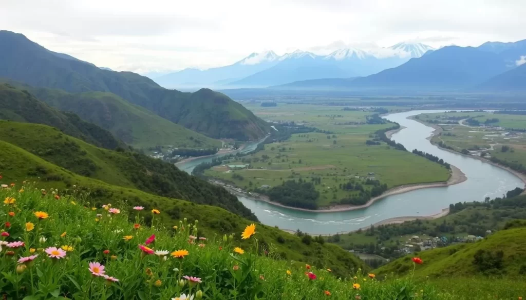 A sweeping vista of Arunachal Pradesh's diverse weather regions, captured in a picturesque landscape. In the foreground, lush, verdant hills dotted with vibrant wildflowers sway gently in a light breeze. The middle ground reveals a winding river cutting through the terrain, its crystalline waters reflecting the soft, diffused light of an overcast sky. In the distance, majestic snow-capped peaks pierce the horizon, their jagged silhouettes hinting at the dramatic shifts in elevation and climate across this stunning region. The overall scene exudes a sense of tranquility and natural harmony, inviting the viewer to explore the unique weather patterns that shape Arunachal Pradesh's diverse landscapes.