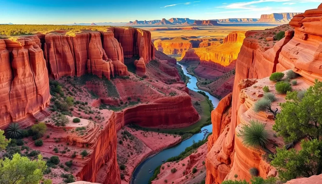 A sweeping vista of Capitol Reef National Park in Utah, bathed in warm afternoon light. In the foreground, towering red sandstone cliffs with intricate erosion patterns rise majestically. Lush green vegetation clings to the canyon walls, complementing the vibrant hues. The middle ground reveals a winding river cutting through the rugged landscape, its gentle current reflecting the clear sky above. Distant buttes and mesas dot the background, their subtle colors blending with the horizon. The scene exudes a sense of peaceful solitude, inviting the viewer to explore this natural wonder. Capture this breathtaking landscape with a wide-angle lens, emphasizing the grand scale and dramatic geological formations that define Capitol Reef.