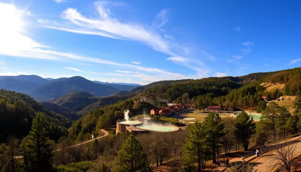 A sweeping vista of Hot Springs National Park nestled among the lush, verdant Ouachita Mountains. Sunlight filters through wispy clouds, casting a warm, golden glow over the steaming thermal pools and historic bathhouses that dot the landscape. In the foreground, visitors stroll along tree-lined paths, taking in the serene atmosphere and natural beauty of this unique American treasure. The striking contrast between the rugged, forested hills and the tranquil, mineral-rich springs creates a picturesque scene, perfectly capturing the essence of this one-of-a-kind national park.