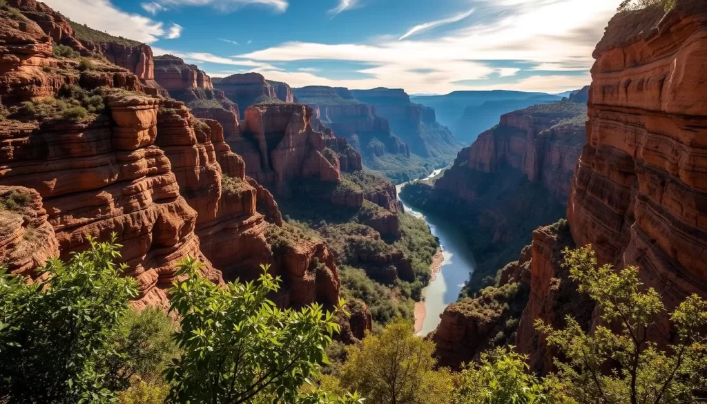 A sweeping vista of Little River Canyon, its dramatic sandstone cliffs plunging into the winding river below. Sunlight filters through wispy clouds, casting soft shadows across the rugged terrain. In the foreground, lush green foliage frames the scene, while in the distance, the canyon walls rise majestically, their layers of rock and sediment revealing the area's geological history. The river, a ribbon of azure, cuts through the center of the frame, its gentle current reflecting the surrounding natural beauty. This picturesque landscape, a hidden gem in Alabama's Appalachian foothills, beckons the photographer to capture its breathtaking grandeur.