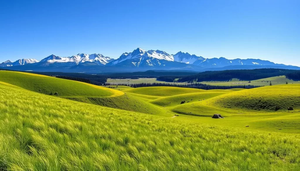 A sweeping vista of Montana's diverse climate, captured under a brilliant azure sky. In the foreground, lush rolling hills carpeted in vibrant green grasses sway gently in the breeze. Looming in the middle ground, rugged snow-capped peaks pierce the horizon, their majestic silhouettes casting long shadows across the landscape. The background is dotted with pockets of dense, evergreen forests, their verdant canopies contrasting against the rugged, weathered rock formations. Soft, diffused lighting bathes the scene, creating a serene and inviting atmosphere, perfect for a weather-savvy exploration of this captivating region.