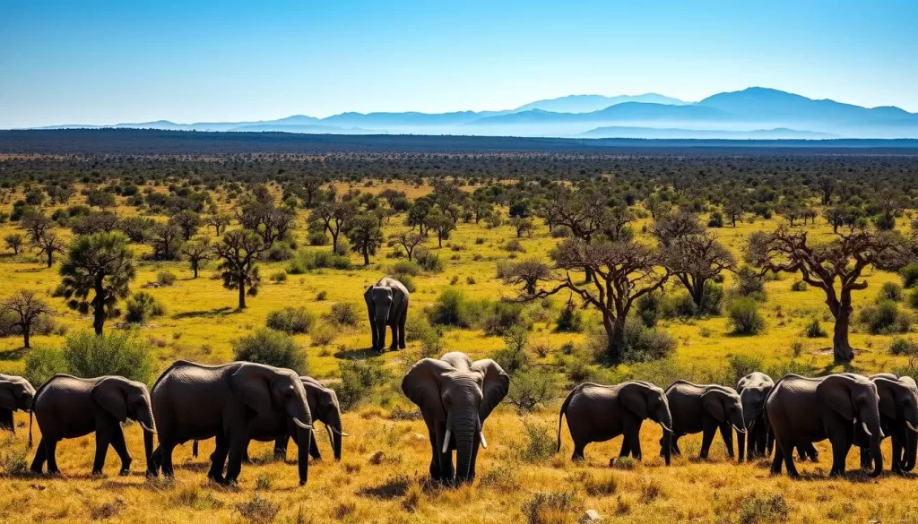 A sweeping vista of Tsavo National Park, Kenya, on a bright, sunny day. In the foreground, a herd of elephants grazes peacefully, their ears flapping and trunks swaying. The middle ground features a mosaic of lush, verdant savannas dotted with acacia trees, their gnarled branches reaching towards the clear, azure sky. In the distance, the iconic silhouettes of Kilimanjaro and the Chyulu Hills loom majestically, their slopes shrouded in a soft, hazy light. The scene is bathed in warm, golden sunlight, casting long shadows across the landscape and evoking a sense of tranquility and timelessness. Capture this quintessential African wilderness in all its glory, perfectly framed by the natural beauty of Tsavo National Park.