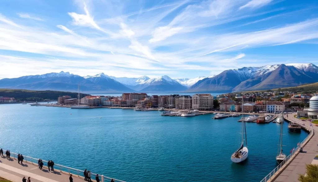 A sweeping vista of Ushuaia, nestled along the shores of the Beagle Channel, its colorful buildings and bustling harbor framed by the majestic Martial Mountains in the background. Crisp, clear light filters through wispy clouds, casting a warm, inviting glow over the scene. Sailboats and fishing vessels dot the calm, cerulean waters, while pedestrians stroll along the promenade, taking in the breathtaking scenery. The cityscape exudes a sense of remote, untamed wilderness, yet also conveys the vibrant energy of the world's southernmost city.