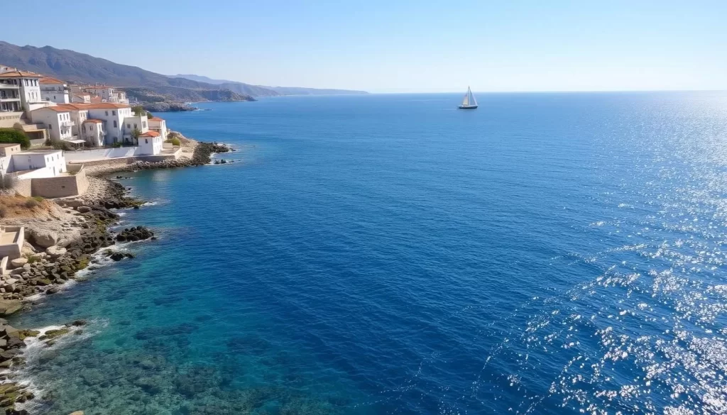 A sweeping vista of the Aegean Sea, its azure waters gently lapping against the rocky coastline of Cesme, Turkey. Sunlight dances across the surface, casting shimmering reflections. Along the shoreline, whitewashed buildings with terracotta roofs climb the gentle hills, their windows glinting in the warm Mediterranean light. In the distance, a small fishing boat sails across the calm sea, its white sails billowing in the gentle breeze. The air is filled with the scent of salt and the gentle calls of seabirds overhead. This idyllic scene captures the serene beauty and tranquility of Turkey's Aegean gem, Cesme.