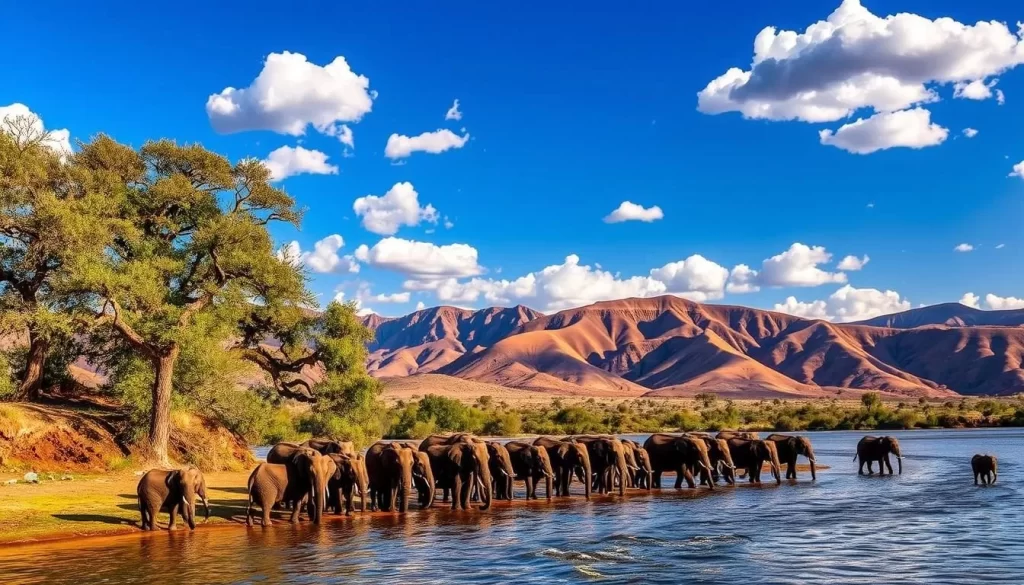 A sweeping vista of the Ewaso Nyiro River in Samburu National Reserve, Kenya. In the foreground, a herd of elephants quenches their thirst at the riverbank, their trunks delicately dipping into the gently flowing waters. Towering acacia trees line the middle distance, casting soft, dappled shadows over the scene. In the background, rugged, golden hills undulate under a deep blue sky, dotted with fluffy white clouds. The warm, natural lighting illuminates the diverse wildlife, creating an atmosphere of serene tranquility and boundless exploration. Capture the essence of the Ewaso Nyiro River experience in this captivating landscape.