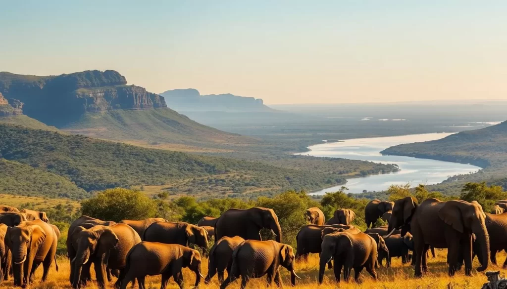 A sweeping vista of the Hluhluwe-iMfolozi Park, South Africa's oldest game reserve. In the foreground, a herd of majestic African elephants grazes peacefully, their wrinkled skin glistening in the warm, golden light. Towering, verdant hills rise in the middle ground, dotted with clusters of lush, emerald-green foliage. In the distance, a shimmering river winds its way through the rugged landscape, reflecting the brilliant azure sky above. The atmosphere is one of tranquility and timelessness, inviting the viewer to immerse themselves in the wonder of this untamed, natural paradise.