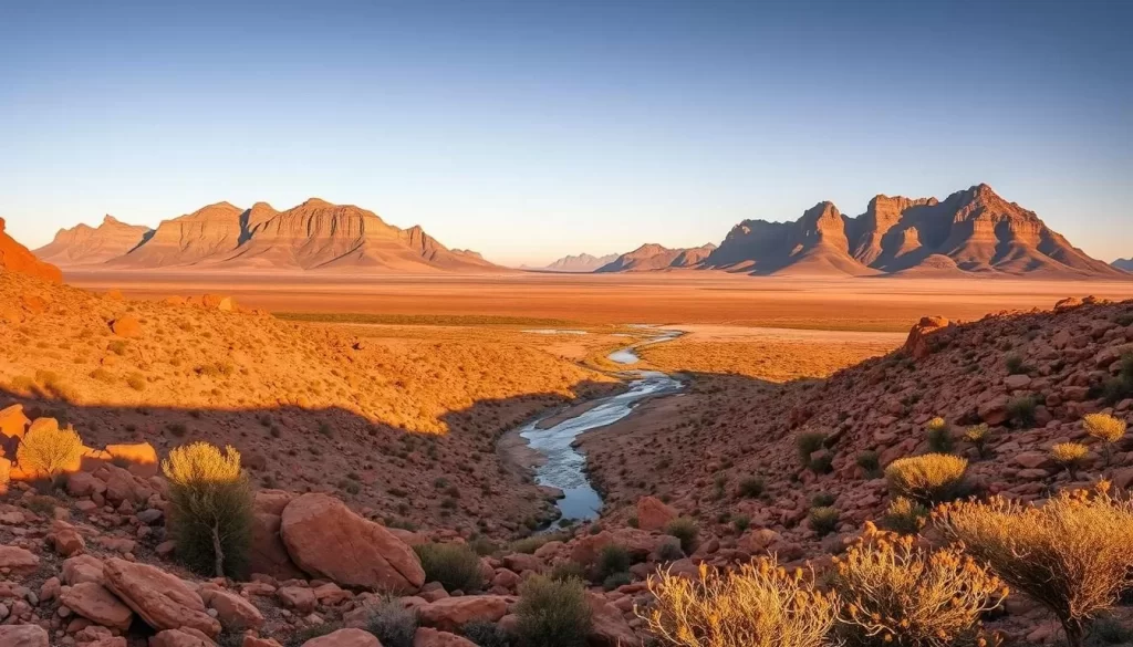 A sweeping vista of the Karoo National Park's distinct landscape, bathed in warm golden sunlight. In the foreground, a rugged, undulating terrain of ochre-hued rocks and sparse vegetation. Meandering through the middle ground, a dry riverbed dotted with hardy shrubs. In the distance, the horizon is punctuated by towering, jagged mountain peaks, their slopes casting long shadows across the vast, arid expanse. The scene exudes a sense of solitude and timelessness, with a clear, cloudless sky overhead. Capture this quintessential Karoo landscape in a crisp, cinematic wide-angle composition, using a shallow depth of field to draw the viewer's eye towards the striking geological formations.
