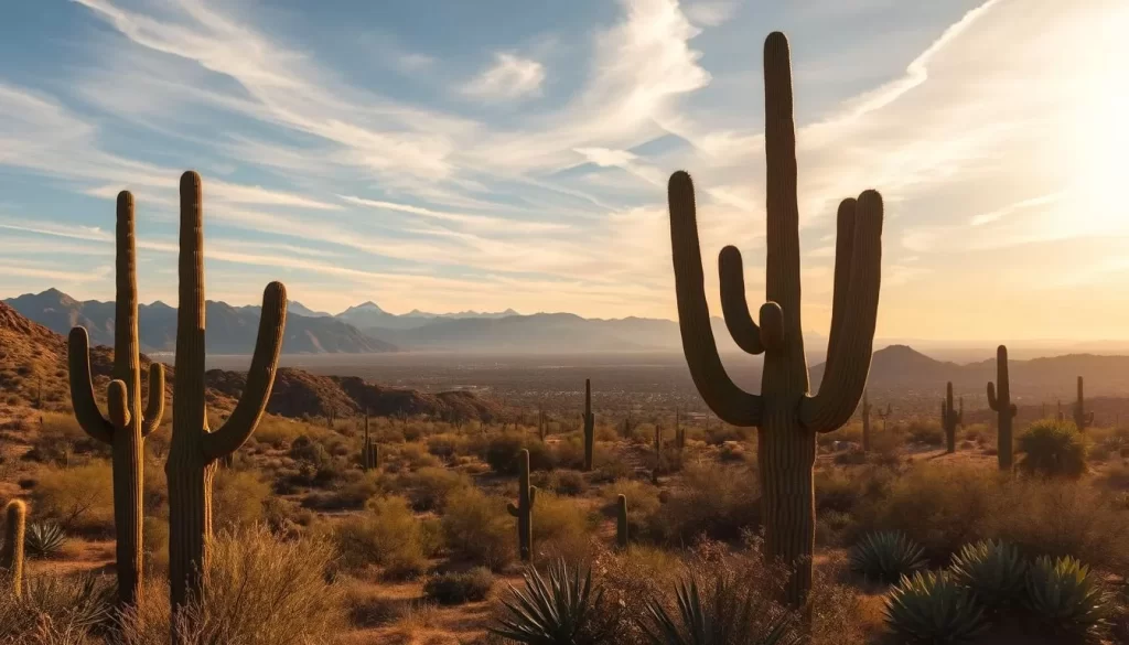 A sweeping vista of the Sonoran Desert unfolds, bathed in warm, golden sunlight that filters through wispy cirrus clouds. In the foreground, iconic saguaro cacti stand tall, their sculptural silhouettes casting long shadows across the rugged, ochre-hued terrain. Distant mountains rise in the background, their peaks capped with a dusting of snow. The air is crisp and clear, allowing for a panoramic view of the arid landscape, dotted with mesquite trees and sprawling agave plants. Capture the serene, timeless beauty of this quintessential Southwestern scene, conveying the timeless charm and natural wonder of Tucson's desert environment.