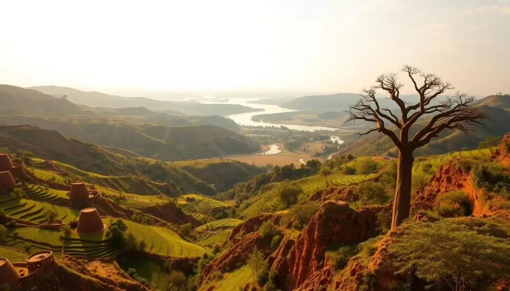 A sweeping vista of the Tamberma Valley unfolds, bathed in the warm glow of a golden afternoon sun. Verdant terraced fields cascade down the rugged, ochre-hued slopes, interspersed with the distinctive cylindrical mud-brick towers of the Batammariba people. In the distance, a meandering river winds its way through the valley, its waters reflecting the azure sky above. Majestic baobab trees dot the landscape, their twisted trunks standing as sentinels amidst the rolling hills. The scene exudes a sense of timeless tranquility, inviting the viewer to lose themselves in the serene beauty of this remote, enchanting corner of Togo.