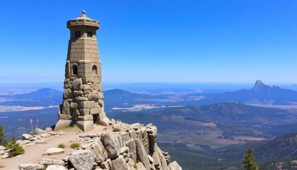 A tall stone tower on Mount Roosevelt with a scenic view of the Black Hills.