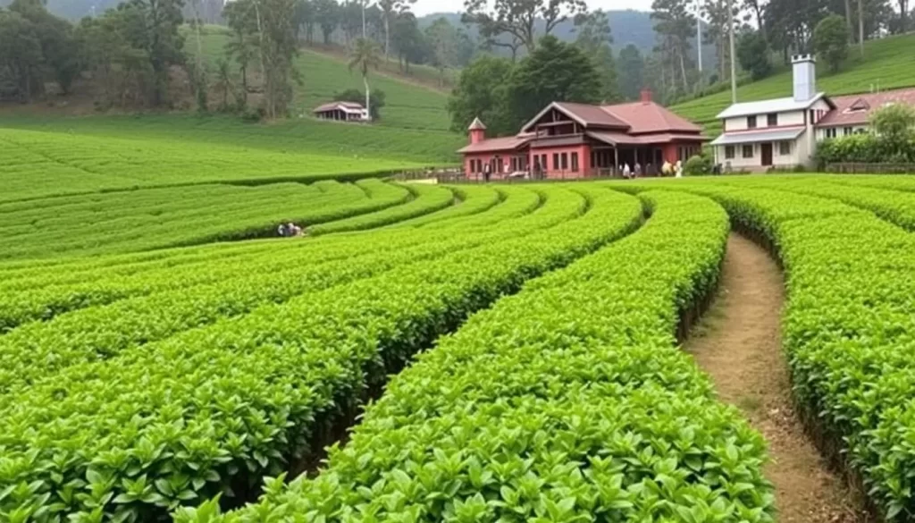 A tea plantation with fields of tea plants and a factory tour.