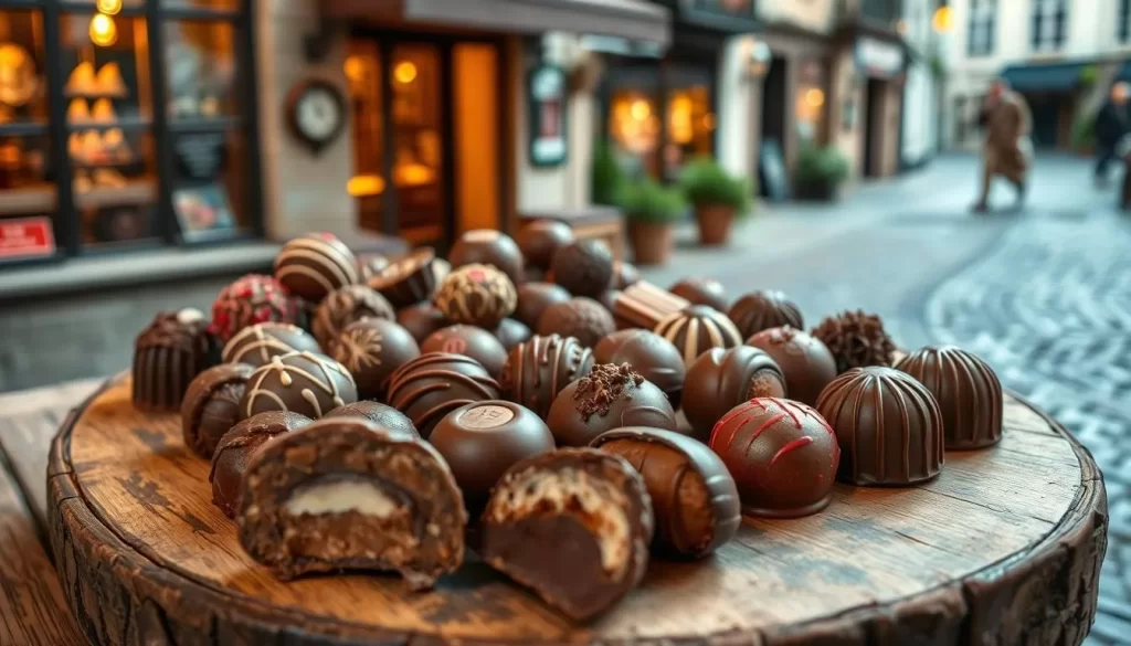 A tempting display of Belgian chocolate truffles, pralines, and bonbons artfully arranged on a rustic wooden table. Soft, warm lighting casts a cozy glow over the glossy, richly-colored confections. The carefully crafted shapes and intricate patterns of each piece hint at the decadent flavors within. In the background, a glimpse of a charming Ypres street scene with cobblestones and quaint buildings adds to the authentic Belgian atmosphere. The overall scene evokes a sense of traditional craftsmanship, indulgence, and the epicurean delights that await in this historic Flanders city.
