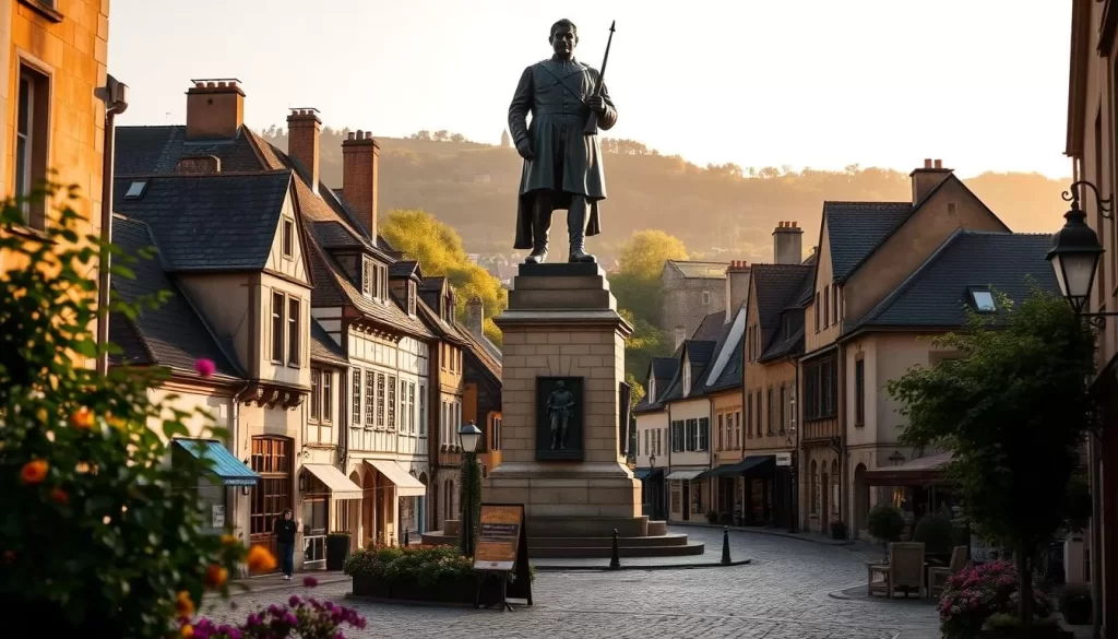 A towering bronze statue stands in the heart of Wiltz, Luxembourg, capturing the stoic resilience of the National Strike Monument. The imposing figure, illuminated by warm, diffused sunlight, gazes stoically over the quaint cobblestone streets and charming historic buildings surrounding it. In the foreground, lush greenery and vibrant flowers add a touch of natural beauty, while the mid-ground showcases the intricate architectural details of the town's medieval structures. The background features a picturesque, rolling hillside landscape, creating a serene and inviting atmosphere. The overall scene invites the viewer to immerse themselves in the rich history and enduring spirit of Wiltz, a captivating destination for history enthusiasts.