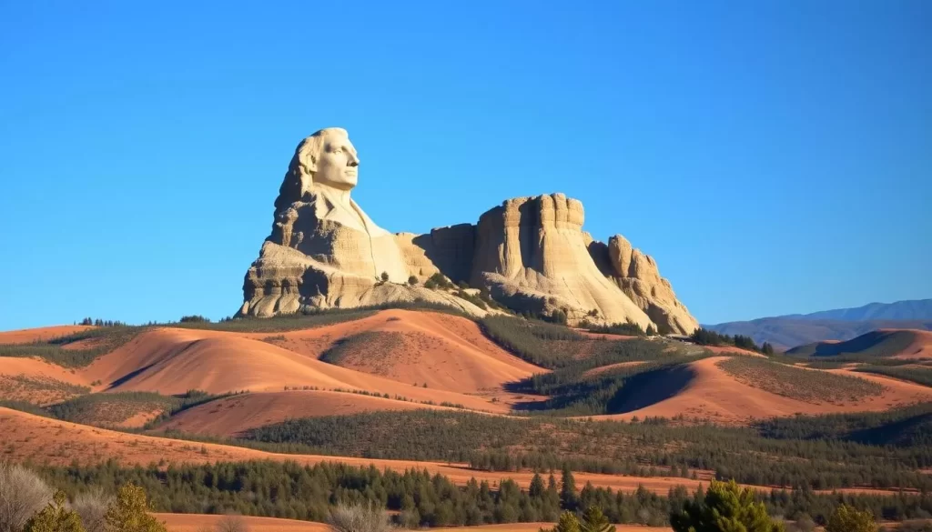A towering granite monument set against a clear blue sky, the Crazy Horse Memorial stands tall and proud, its carved features capturing the fierce determination of the legendary Lakota leader. In the foreground, a vast, sweeping vista of rolling hills and pine-dotted valleys unfolds, bathed in the warm glow of the afternoon sun. The memorial's massive scale is accentuated by the surrounding landscape, creating a sense of awe and reverence. The scene is rendered with a crisp, realistic style, the details of the monument's intricate carving and the textures of the rock and foliage captured with meticulous precision. An air of tranquility and solemnity pervades the scene, inviting the viewer to contemplate the rich history and cultural significance of this unique and iconic American landmark.