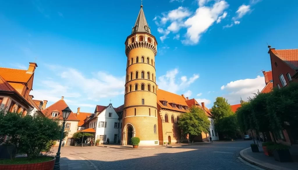 A towering, off-center edifice dominates the scene, its red-brick facade leaning gracefully against a cloudless azure sky. Ornate spires and arches accentuate the structure's medieval charm, while cobblestone streets and lush greenery in the foreground invite the viewer to explore this enchanting historic town. Warm sunlight casts soft shadows, creating a sense of depth and atmosphere. The Leaning Tower of Toruń, a captivating architectural marvel, stands as a testament to the city's rich heritage, beckoning visitors to discover the hidden gems that lie beyond its main attractions.