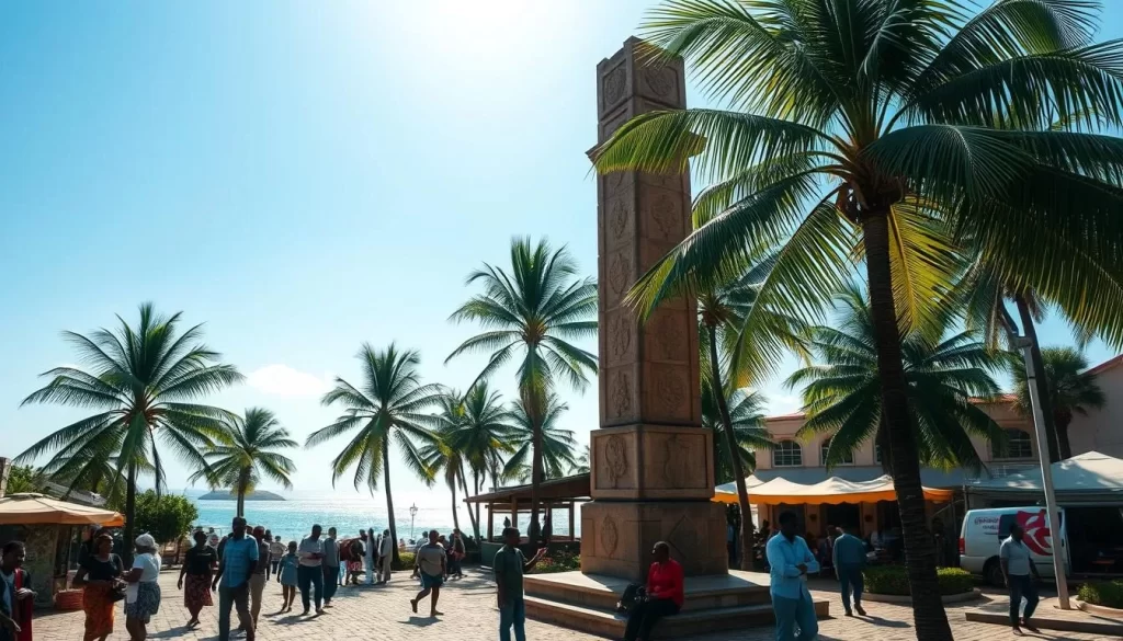 A towering stone pillar standing proudly in a sun-dappled town square, its intricate carvings casting long shadows on the cobblestones. In the foreground, locals and visitors mingle, sharing stories and browsing the vibrant market stalls. The middle ground features lush palm trees swaying gently in the coastal breeze, framing the iconic pillar. In the background, a glimpse of the azure Indian Ocean glimmers, hinting at the rich maritime history of this Kenyan coastal town. Capture the cultural essence of Malindi through a soft, warm photographic lens, showcasing the timeless allure of the Vasco da Gama Pillar.