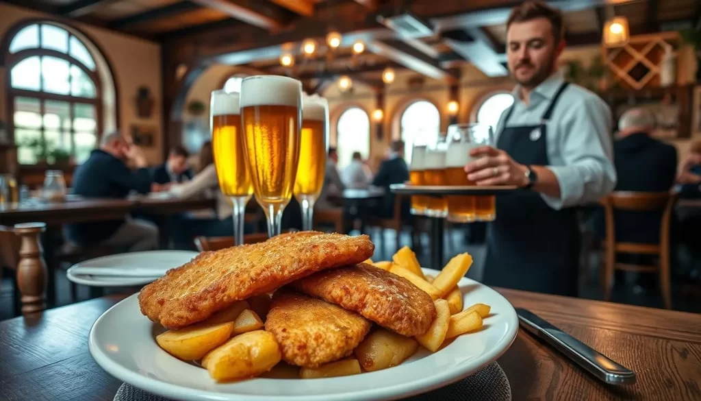 A traditional Bavarian-style tavern nestled in the heart of Wels, Austria, Obermair's Wirtshaus showcases the rich culinary heritage of the region. The warm, rustic interior features wooden beams, cozy seating, and a charming ambiance, inviting guests to savor the authentic flavors of Austrian cuisine. In the foreground, a hearty dish of Wiener Schnitzel, golden-fried and served with a side of crisp, buttery roasted potatoes, tantalizes the senses. In the middle ground, a server carries a tray of frothy, amber-hued beers, complementing the traditional fare. The background captures the bustling activity of the lively tavern, with patrons engaged in lively conversation and enjoying the vibrant atmosphere. Soft, natural lighting filters through the windows, creating a welcoming and convivial setting for this local culinary experience.