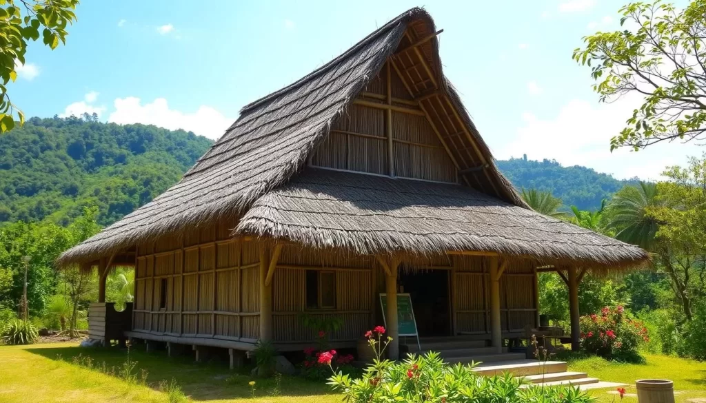 A traditional Toda hut with a semi-barrel shaped roof, made of bamboo and thatch, in a picturesque setting.