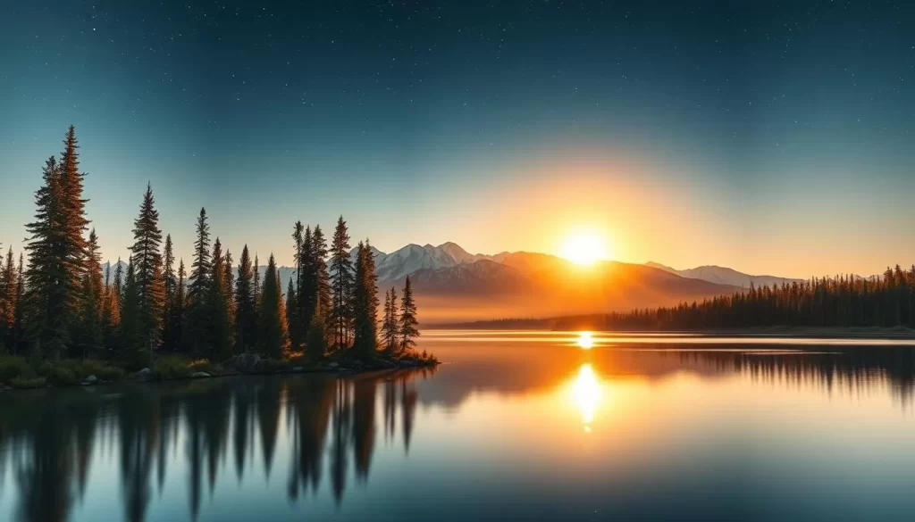 A tranquil Alaskan landscape bathed in the ethereal glow of the midnight sun. A serene lake reflects the soft, golden light, its surface like a mirror. In the foreground, tall, verdant pines sway gently in a light breeze. The middle ground reveals a hazy, mountainous silhouette, its peaks capped with pristine snow. The sky above is a breathtaking tapestry of deep indigo and shimmering stars, with the sun hovering low on the horizon, casting a warm, magical illumination across the entire scene. Capture the enchanting ambiance of Wasilla's peak summer season, where nature's beauty is amplified by the captivating natural phenomenon of the midnight sun.