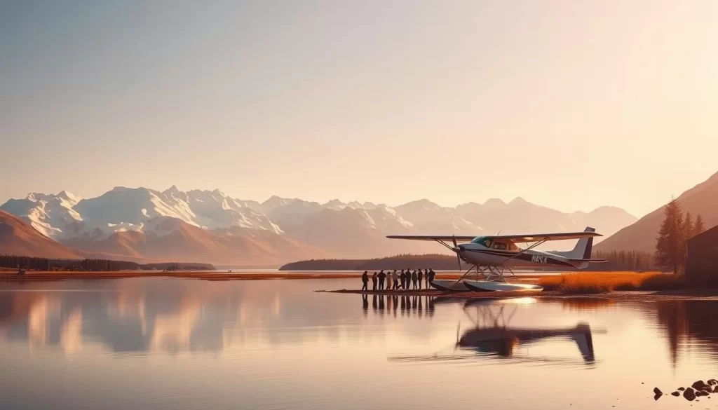 A tranquil Alaskan landscape with snow-capped mountains in the background, a serene lake in the middle ground, and a small float plane taking off in the foreground, casting a reflection on the calm waters. The scene is bathed in warm, golden sunlight, creating a serene and inviting atmosphere. In the middle ground, a group of tourists is seen exploring the area, suggesting the availability of affordable travel options and deals to this picturesque destination.