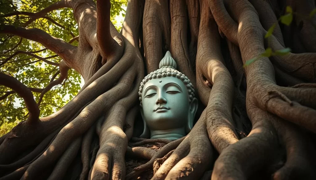 A tranquil Buddha head, weathered and serene, nestled amidst the twisted, gnarled roots of an ancient tree. Dappled sunlight filters through the lush foliage, casting a warm, golden glow upon the sacred statue. The scene is one of contemplative repose, a timeless moment of spiritual harmony between man and nature. The camera captures this tableau from a low angle, emphasizing the grand, majestic scale of the tree and the humble, contemplative presence of the Buddha. The overall mood is one of reverence, serenity, and the enduring power of faith in the face of the passage of time.