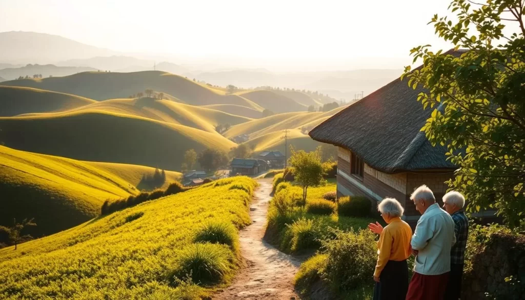 A tranquil Jeju countryside scene, with rolling green hills and a traditional Jeju-style thatched-roof house nestled amid lush foliage. The scene is bathed in warm, golden afternoon sunlight, casting long shadows across the landscape. In the foreground, a group of elderly locals conversing in the Jejueo dialect, their animated gestures and expressions reflecting the unique cadence and rhythm of the language. In the middle ground, a small dirt path winds through the verdant scenery, connecting the traditional house to a nearby village. The background is framed by distant, hazy mountains, creating a sense of depth and tranquility. The overall atmosphere conveys the distinct cultural heritage and natural beauty of Jeju Province.