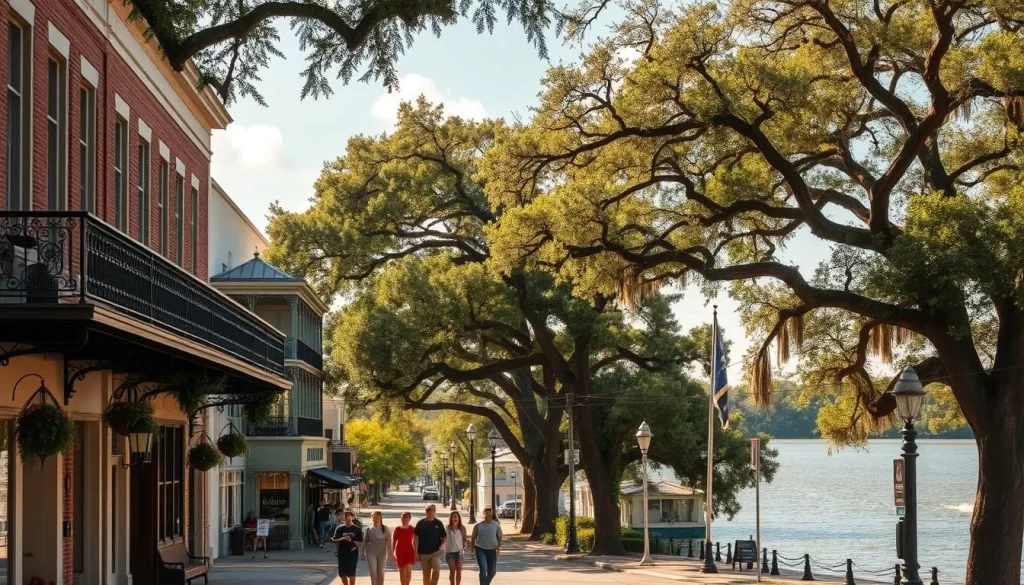 A tranquil Louisiana town nestled along the Mississippi River, Marrero is a charming tapestry of historic architecture, lush greenery, and vibrant local culture. Capture the essence of this unique community in a sun-dappled scene. Depict the picturesque Main Street, lined with quaint shops and cafes, their facades adorned with ornate wrought-iron balconies. In the foreground, pedestrians stroll leisurely, immersed in the town's relaxed ambiance. In the middle ground, towering oak trees cast dappled shadows, their branches swaying gently in the breeze. Framing the scene, the serene waters of the Mississippi River flow majestically, reflecting the warm, golden light of the day. Convey a sense of timeless tranquility and authentic Southern charm.