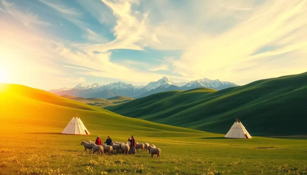 A tranquil Mongolian landscape in the early spring, where rolling green hills are dotted with the vibrant hues of wildflowers. Sunlight filters through wispy clouds, casting a warm, golden glow over the scene. In the foreground, a group of nomadic herders tend to their flock of sheep, their traditional felt tents and colorful garments adding a sense of cultural authenticity. In the distance, the majestic Khangai Mountains rise up, their snow-capped peaks a stark contrast to the lush valley below. The overall mood is one of serenity and timelessness, perfectly capturing the essence of the best time to visit Mongolia.