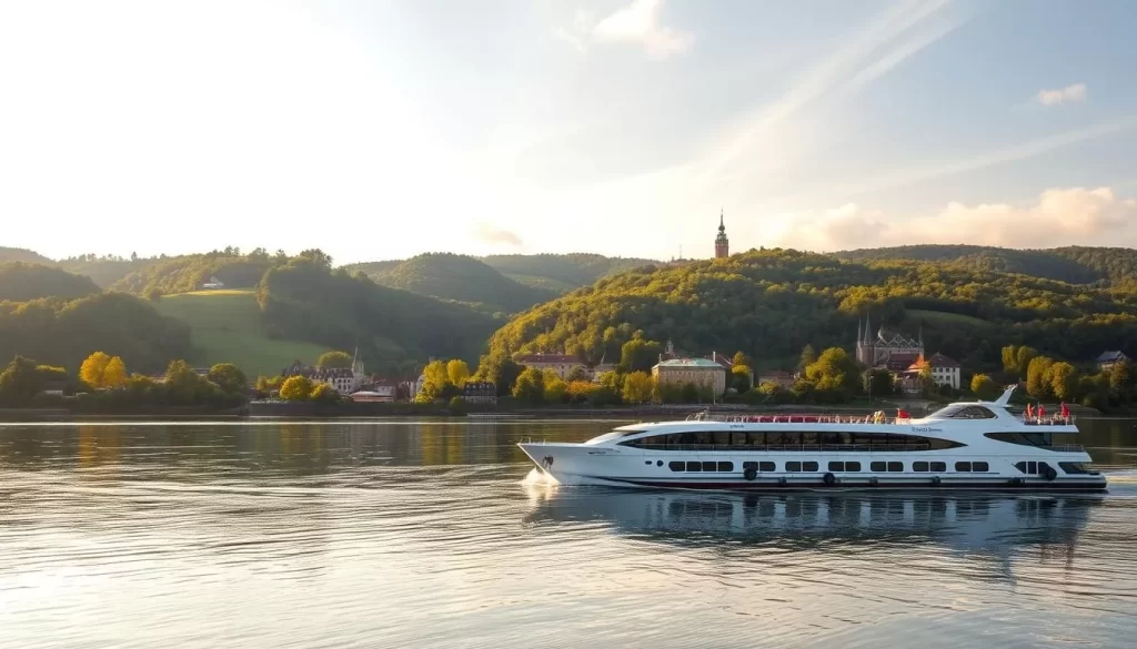 A tranquil Oder River cruise showcases the picturesque Oder River Valley. The foreground features a sleek, modern riverboat gliding smoothly across the calm, reflective waters. Lush, verdant hills and forests line the middle ground, creating a serene and pastoral backdrop. Warm, golden sunlight filters through wispy clouds, illuminating the scene with a soft, calming glow. The riverbanks are dotted with charming villages and historic landmarks, inviting viewers to explore the region's rich cultural heritage. An overall sense of peaceful tranquility and natural beauty pervades the image, perfectly capturing the essence of an Oder River cruise experience.