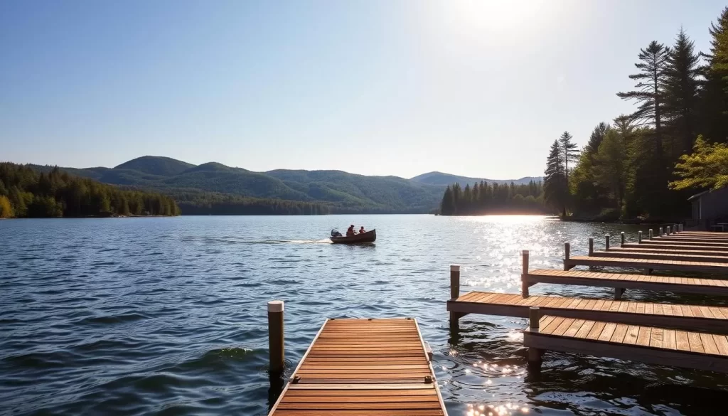 A tranquil Vermont lake in the summertime, with gently lapping waves and verdant, rolling hills in the backdrop. Sunlight dances across the water's surface, casting shimmering reflections. Picturesque wooden docks extend into the serene expanse, inviting visitors to cast a line or simply take in the breathtaking vista. Towering pines and lush foliage line the shoreline, creating a serene, nature-infused atmosphere. A small, traditional wooden boat drifts peacefully, its occupants immersed in the beauty of the moment. The overall scene evokes a sense of timeless, quintessential Vermont charm.