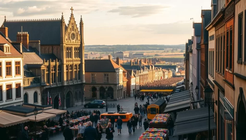 A tranquil World War I-era scene in the historic city of Ypres, Belgium. In the foreground, the iconic Cloth Hall stands tall, its ornate gothic architecture bathed in warm sunlight. In the middle ground, a bustling market square teeming with locals and visitors, creating a vibrant atmosphere. In the background, the distant silhouettes of the Ypres Salient battlefields, a somber reminder of the city's role in the Great War. The image conveys a sense of resilience and perseverance, as the city has endured the ravages of conflict but remains a thriving hub of history and culture. Prompt